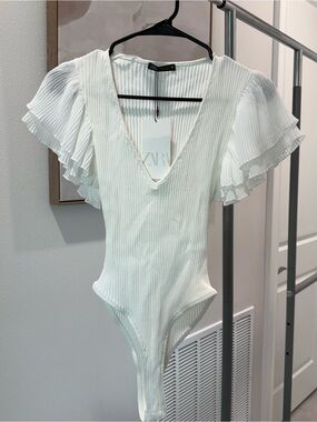 ZARA Cream Ribbed One-Piece with Flutter Ruffle Sleeves